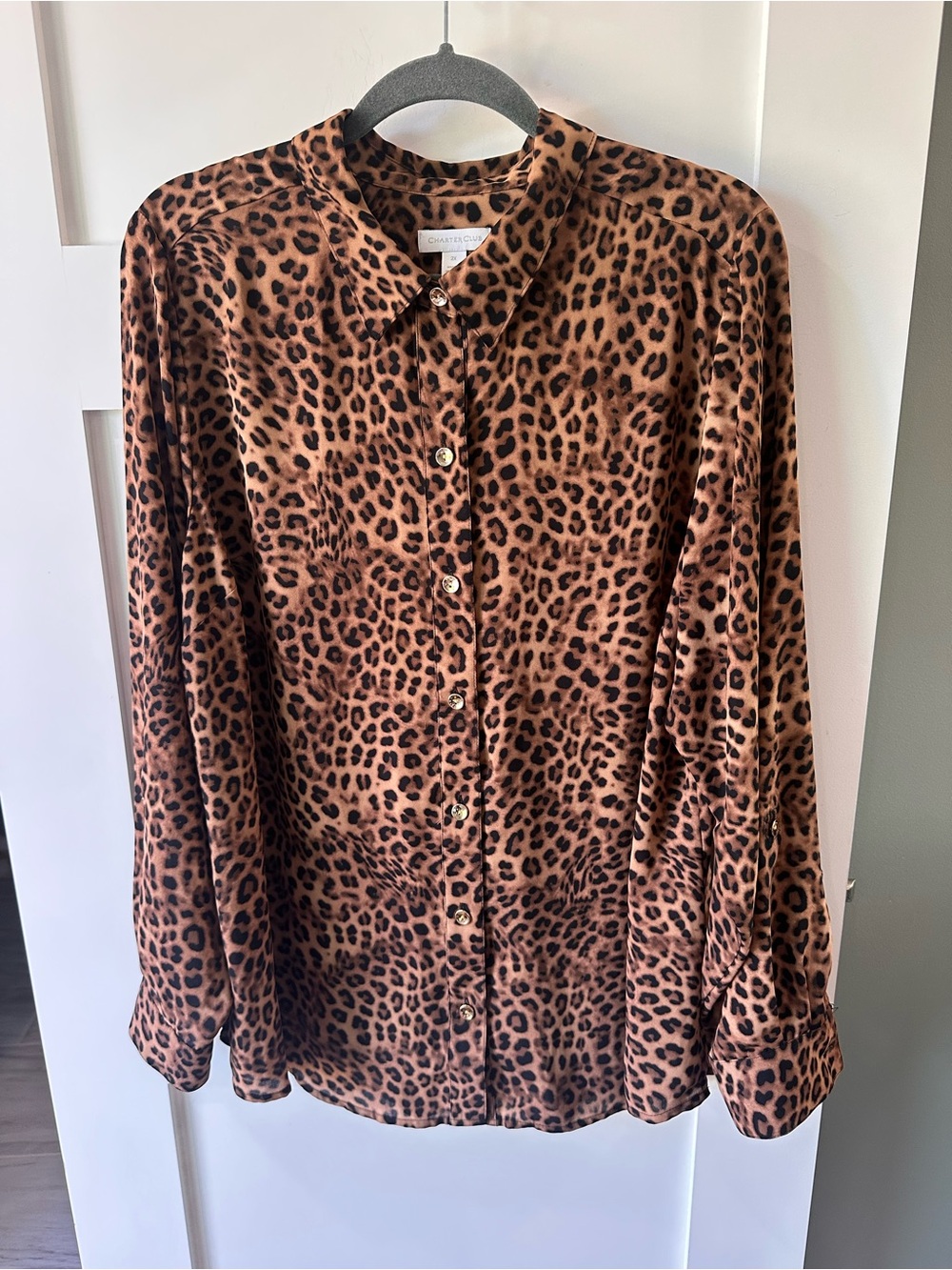 Women’s long sleeve Charter Club Leopard Print Blouse button down 2XL gold
